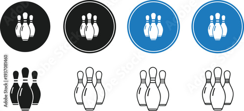 Professional bowling pins vector icon set featuring solid silhouettes, thin line outlines, and circular badge designs for sports, leisure, and tournament branding.