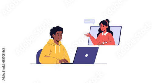 Young Man on Laptop Video Call with Woman. Remote Work, Online Consultation, or E-learning Illustration.