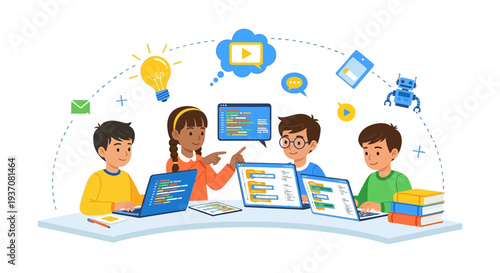 Diverse Children Learning Coding and Programming on Laptops. STEM Education, Computer Science, and Robotics Concept Illustration.