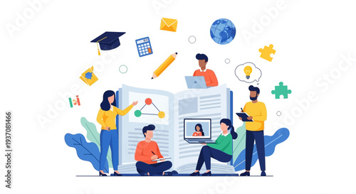 E-Learning and Collaborative Study Group Concept. University Students Reading Book and Working Together in Flat Vector Illustration.