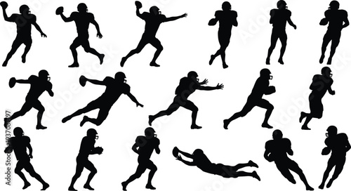 American football players silhouette vector collection, set of running back and offensive lineman action poses isolated on white background, sports.