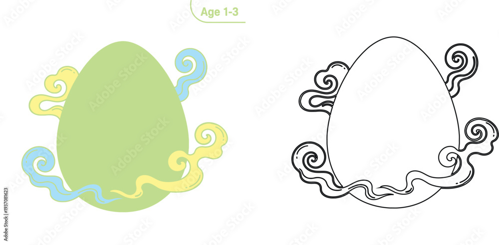 Fototapeta premium Cute magical egg with swirling clouds. Vector illustration and black and white coloring page worksheet for toddlers age 1-3.