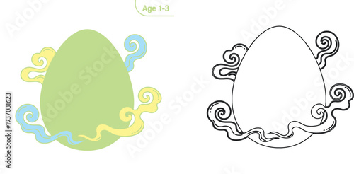 Cute magical egg with swirling clouds. Vector illustration and black and white coloring page worksheet for toddlers age 1-3.