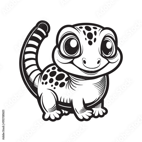 Black and white drawing shows a cute cartoon gecko sitting and smiling cheerfully