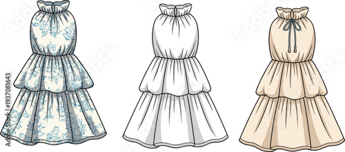 Three stylized dresses with floral and plain patterns in blue white and beige colors floral pattern