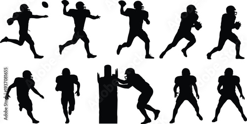 American football players silhouette vector collection, set of running back and offensive lineman action poses isolated on white background, sports.