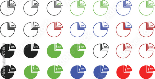 Professional pie chart infographic icon set showing twenty five percent segment in multiple colors for business data visualization financial reporting and progress tracking.