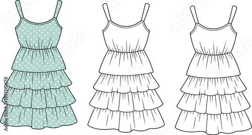 Three tiered ruffled dresses with polka dot pattern and plain in light blue and white