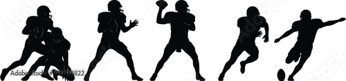 American football players silhouette vector collection, set of running back and offensive lineman action poses isolated on white background, sports.