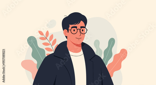 A smiling man in glasses and a dark coat stands amidst stylized plants