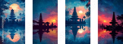 Balinese temple pagoda silhouette reflected in calm lake during dramatic blue and orange sunset with tropical trees and glowing sky in atmospheric landscape oil painting style illustrations set
