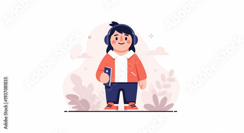 Young person with headphones and phone stands amid stylized foliage under a soft sky