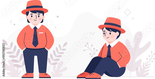 Two stylized figures in matching orange shirts, navy pants, and hats