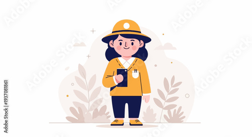 A cartoon person in a yellow hat and sweater holds a phone