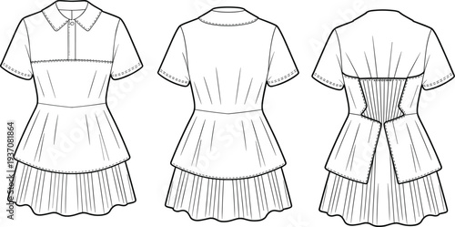 Three views of a white dress with short sleeves and pleated skirt in a line style front view line front view