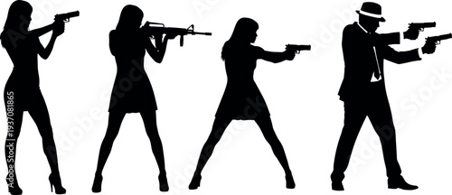 Stylized black silhouette illustration of armed individuals in dramatic poses, evoking espionage, spy action, cinematic drama, and thriller character design for creative projects.