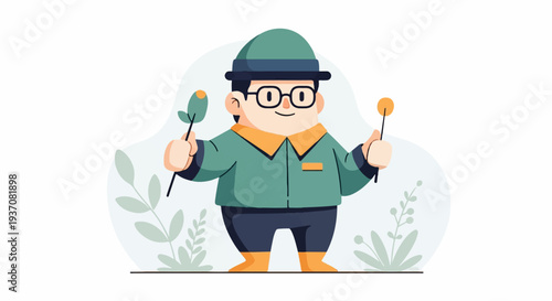 Whimsical character in green attire with glasses and hat holds a plant and lollipop