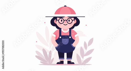Whimsical character in overalls, hat, and glasses amidst abstract flora