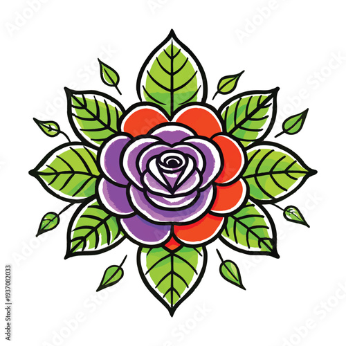 Colorful Rose Flower Vector Illustration: Modern Floral Motif with Vibrant Petals and Leaves for Greeting Cards, Branding, and Decorative Art Design