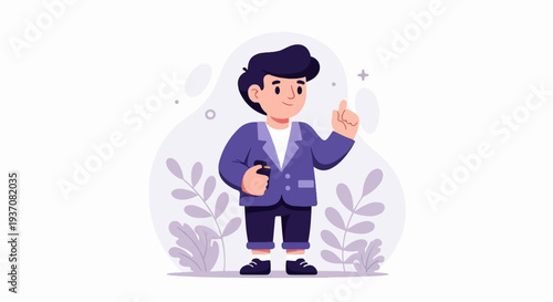 Cheerful cartoon boy in a suit with a phone, pointing with his finger