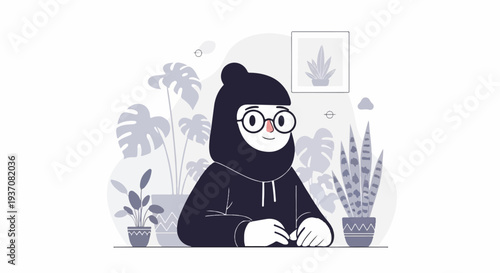 A character with glasses and a hoodie sits among potted plants in a minimalist, pastel setting