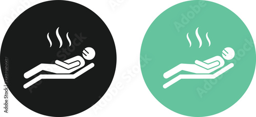 Relaxing spa and sauna session icon set featuring a person lying down with steam heat in black and teal circular flat vector design.