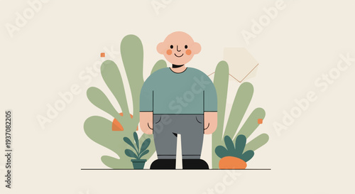 Stylized, bald person with rosy cheeks stands in front of abstract green foliage