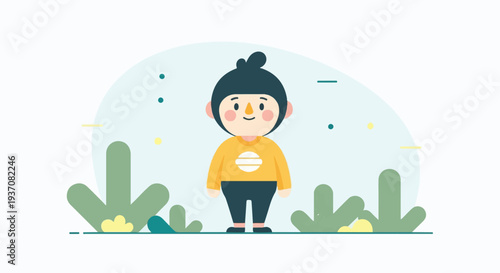 A cheerful, round-faced character in a yellow shirt and dark pants stands amidst simplified green foliage