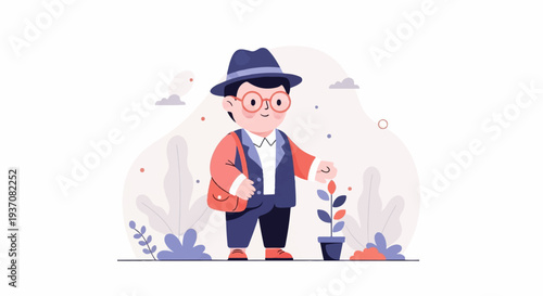 Cartoon boy in hat and glasses watering a plant in a pot