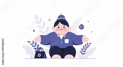 A chubby cartoon character with a hat and open arms sits amidst stylized leaves and shapes