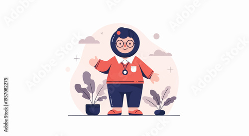 A charming, smiling cartoon character with glasses, a dark cap, red shirt, and blue pants stands