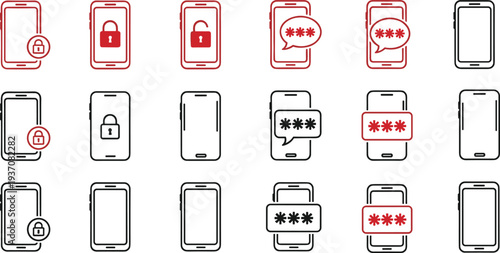 Smartphone security icon set featuring mobile phone screens with padlocks, password prompts, and data privacy symbols in red and black flat line art vector.