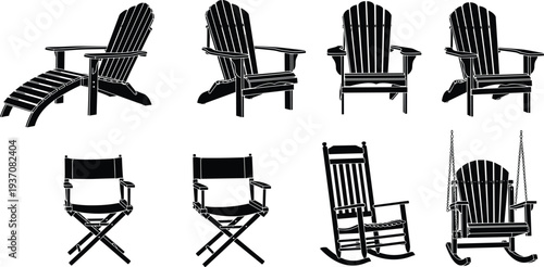 Black silhouette collection of Adirondack chairs, rocking chairs, folding director chairs, and porch swings isolated on white background cad drawing flat vector illustration