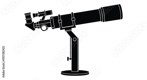 A black silhouette of a classic refracting telescope mounted on a tripod base high quality professional
