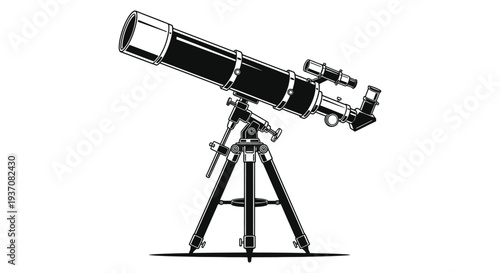 A detailed black and white illustration of a vintage refracting telescope on a tripod high quality