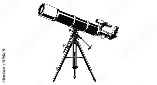 A black and white illustration depicts a classic refracting telescope mounted on a tripod high quality