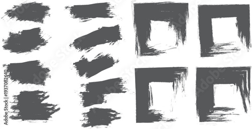 Brush Strokes & Frames: Abstract Grunge Paint Splatter Elements. Collection of dark abstract brush strokes and grunge square frames, perfect for graphic design, textures, and artistic backgrounds.