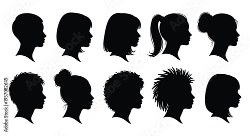 A collection of diverse silhouettes depicting various hairstyles and facial profiles high quality professional detailed modern