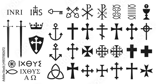 Christian symbol collection. Christianity and crusade sign set. Cross, communion and bread miracle icons. Ichthys and trinity symbols. Vector illustration image.