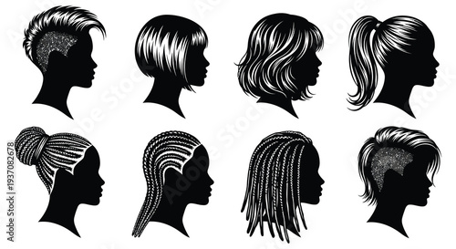 Silhouettes of diverse hairstyles mohawk bob braids ponytail and short textured cuts high quality professional detailed
