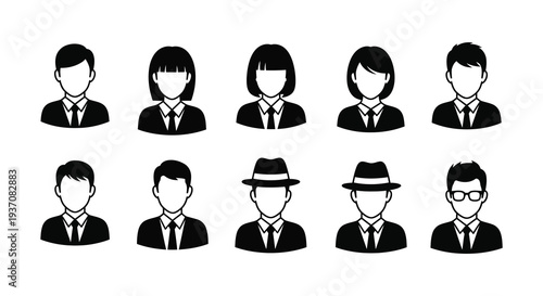 A collection of ten black silhouette icons depicting various people with different hairstyles and attire