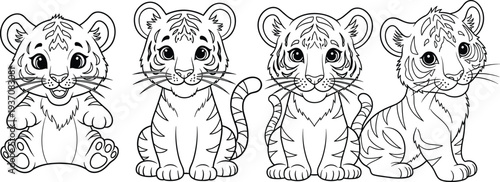 Cute baby tiger cubs coloring book page for kids, set of four adorable cartoon jungle animals line art illustrations, black and white vector outline.