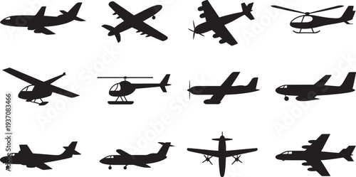 Black silhouettes of various aircraft including planes and helicopters