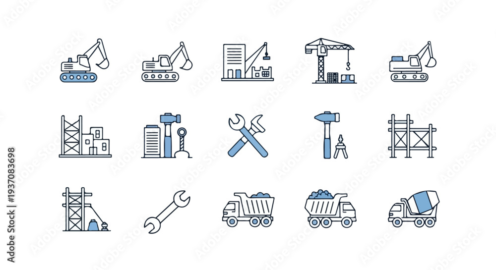 Fototapeta premium A collection of simple, blue-accented line art icons representing various construction machinery, tools, and building elements.