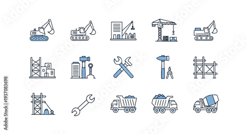 A collection of simple, blue-accented line art icons representing various construction machinery, tools, and building elements.