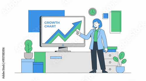 Business growth chart illustration with a woman pointing at a rising upward trend on a computer screen