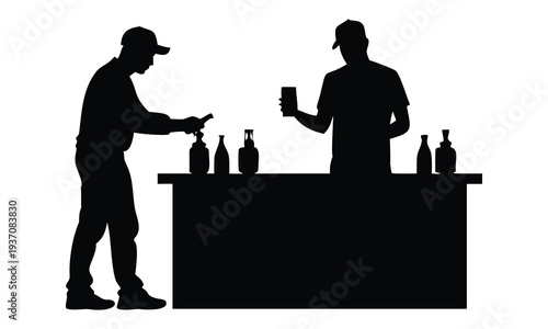 Two bartender silhouettes serving drinks at a bar vector