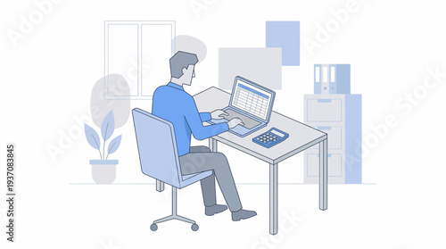 Dedicated professional focused on work at a desk with a laptop and calculator in a modern office, representing efficiency and remote productivity