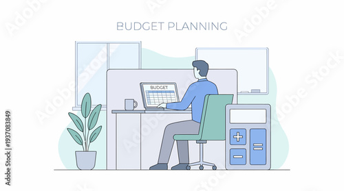 Professional meticulously planning and managing finances on a laptop with spreadsheets, organizing personal or business budget goals in a modern office setting
