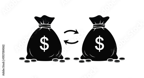 Two bags of money with dollar signs are shown exchanging with scattered coins below high quality